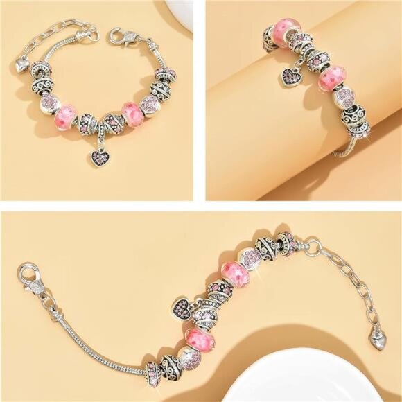 2 Pack Charm Bracelets Pink and Gold Heart Silver Plated Charm Bracelet, - Picture 3 of 7